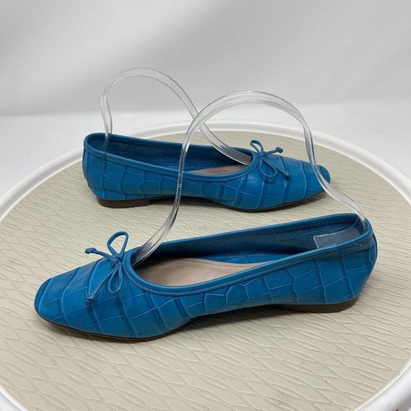 Schutz Teal Ballet Flats Size 7 Turquoise Blue Leather Shoes Bow Square Toe - Picture 4 of 10